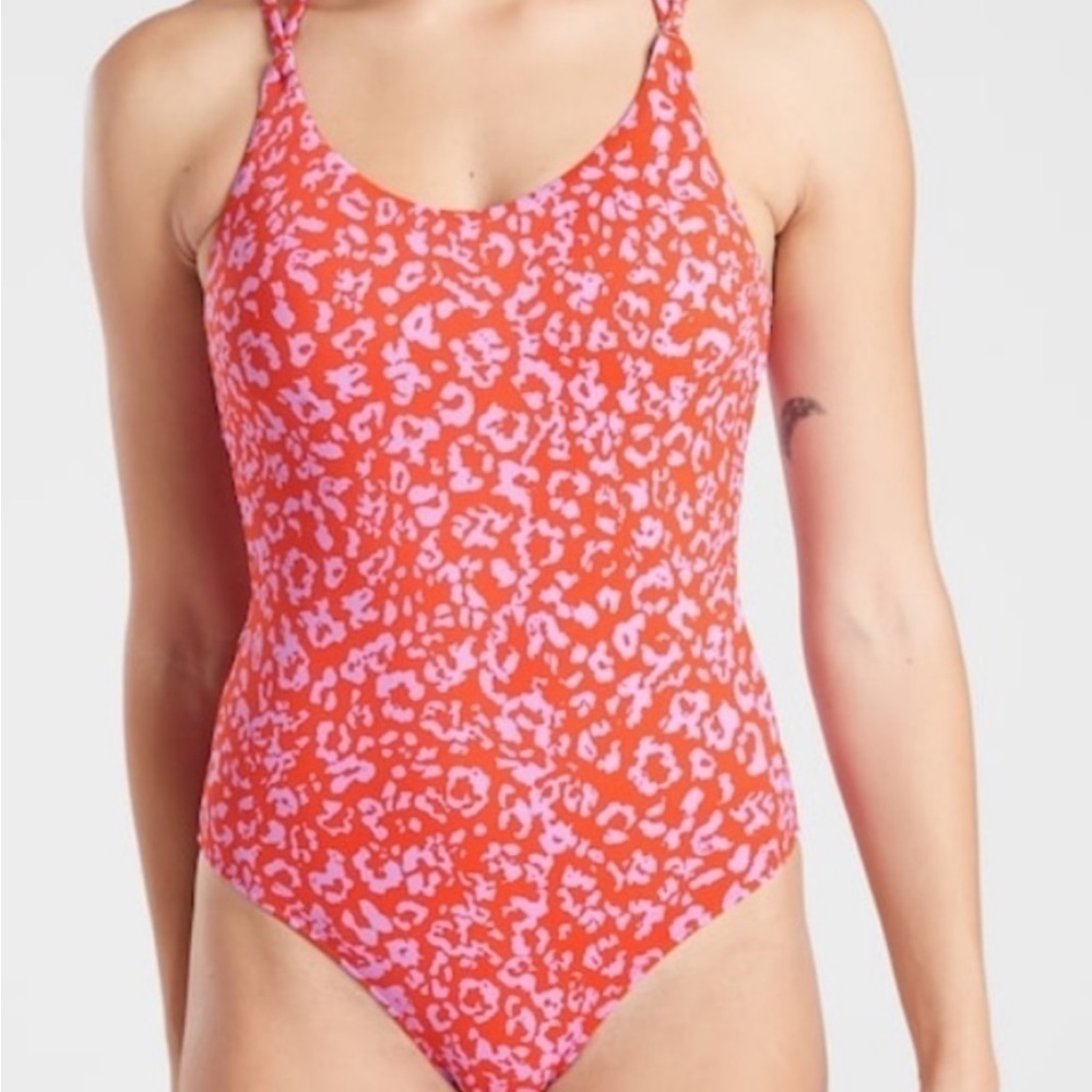 Athleta Swimsuit One Piece Coral Leopard Print Keyhole Back size XL - Picture 4 of 16
